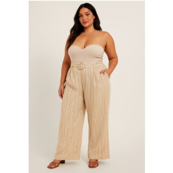 Lane Bryant Linen Dress Pants Womens 26 Cream Striped Belted Wide Leg Comfy New - Picture 1 of 16